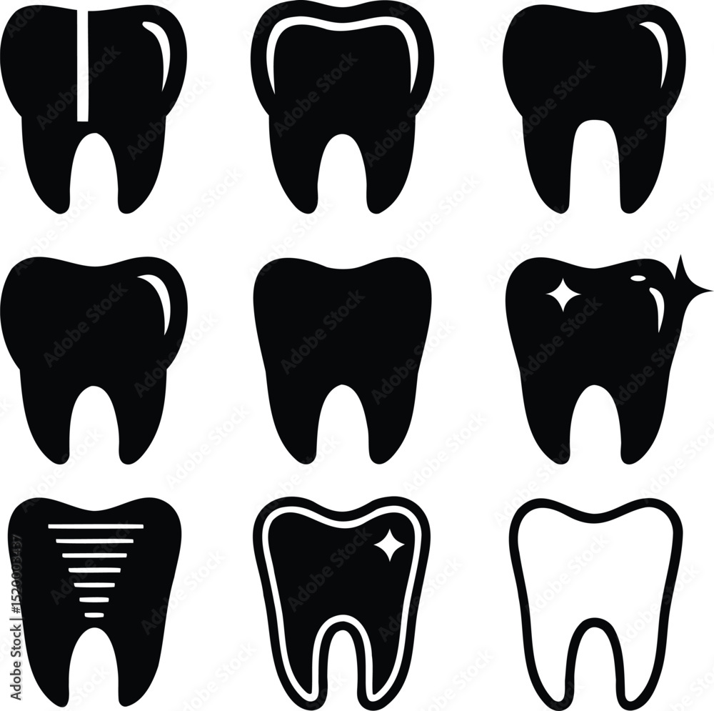 Silhouette vector set of dental care icons including clean teeth, fillings, whitening, molars, and root shapes, ideal for oral hygiene, dentists, and medical illustrations Silhouette vector set of dental care icons including clean teeth, fillings, whitening, molars, and root shapes, ideal for oral hygiene, dentists, and medical illustrations