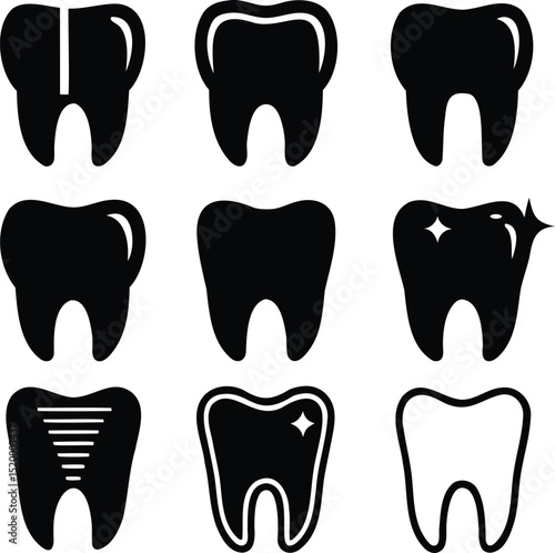 Silhouette vector set of dental care icons including clean teeth, fillings, whitening, molars, and root shapes, ideal for oral hygiene, dentists, and medical illustrations