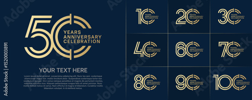 Anniversary logo type set with double line number. golden color for celebration event