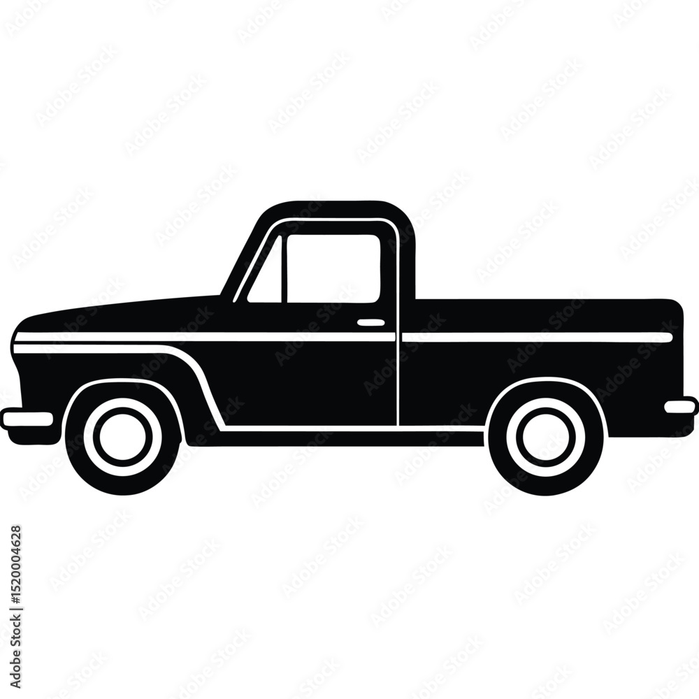 Silhouette of a Classic Black Pickup Truck with Rounded Features and White Accents Silhouette of a Classic Black Pickup Truck with Rounded Features and White Accents