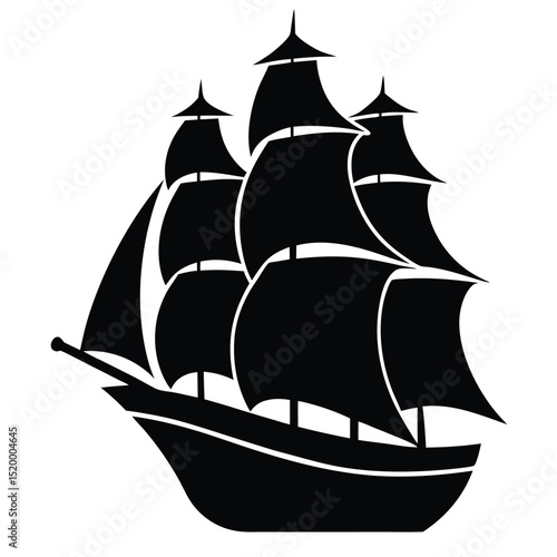 Silhouette of a Black Tall Ship with Sails, Maritime Vessel Icon