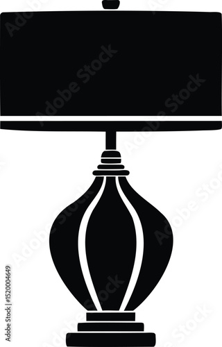 Black silhouette vector of a modern decorative table lamp with elegant curved base, ideal for interior design, home decor illustrations, or lighting furniture design projects

