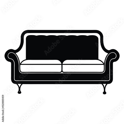Stylish Black and White Sofa Illustration, Two Cushions, Elegant Curves, Furniture Design