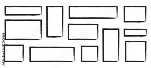 Brush frame rough rectangle box shape set. Text box frame rough grunge square, oval paint shape element. Hand drawn texture grunge Brush frame rough rectangle and square shape set vector illustration