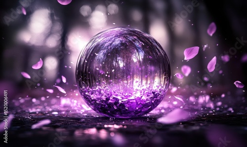 Crystal sphere, purple petals, forest, magic, fantasy, wallpaper