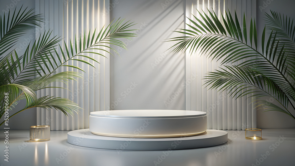 3D rendering exhibition background.Elegant Marble Display Platform - White marble podium with gold base. illuminated by warm lights and palm leaves. ideal for product showcasing or branding. 3D rendering exhibition background.Elegant Marble Display Platform - White marble podium with gold base. illuminated by warm lights and palm leaves. ideal for product showcasing or branding.