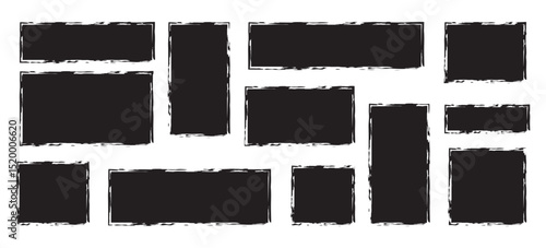 Vector set with black doodle rectangular shapes with rough edges, distressed painted textured rectangles. Hand drawn grunge textured text box frames set with uneven rough jagged edge.