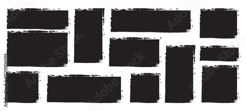 Vector set with black doodle rectangular shapes with rough edges, distressed painted textured rectangles. Hand drawn grunge textured text box frames set with uneven rough jagged edge.