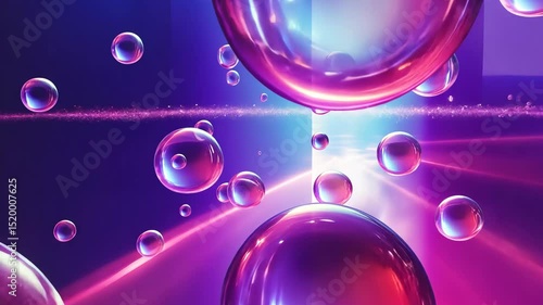 Vibrant spheres float in a purple and pink gradient, illuminated by neon light beams