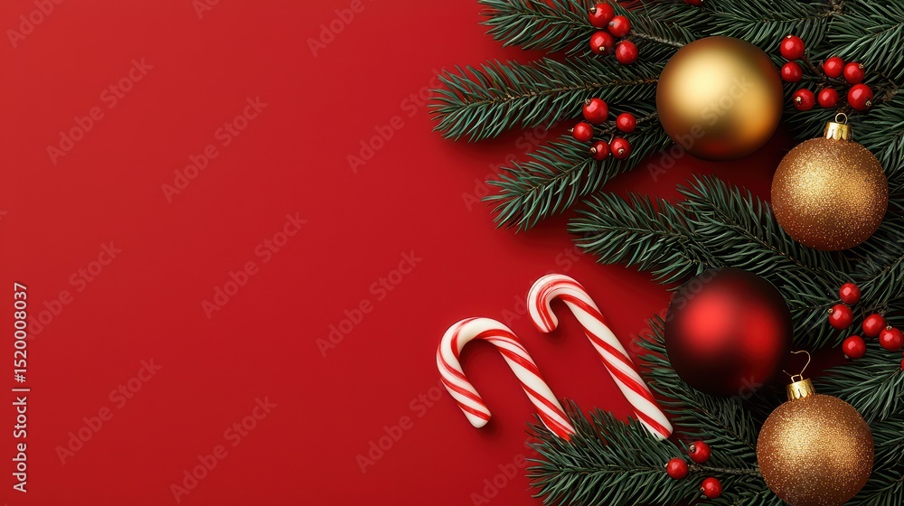 Festive christmas decoration with ornaments, candy canes, and pine branches on red background Festive christmas decoration with ornaments, candy canes, and pine branches on red background