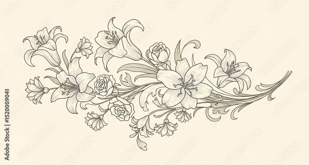 Fototapeta premium Elegant Floral Swirl with Lilies and Roses | Botanical Vector Illustration for Wedding Invitations, Stationery Design and Spring Decor