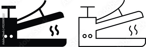 Heat press flat, line icon set. Cloth, hair straightener electric machine tool symbol. Vectors household hand iron device. Electronic hot steam seal maker. Plastic bag logos on transparent background.