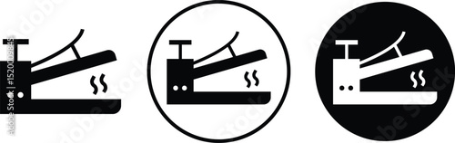 Heat press flat icons set. Cloth, hair straightener electric machine tool symbols. Vectors of household hand iron device. Electronic hot steam seal maker. Plastic bag logos on transparent background.