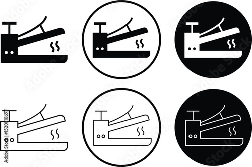 Heat press flat, line icon set. Cloth, hair straightener electric machine tool symbol. Vectors household hand iron device. Electronic hot steam seal maker. Plastic bag logos on transparent background.