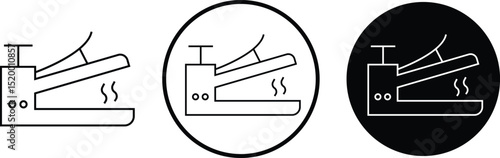 Heat press linear icons set. Cloth, hair straightener electric machine tool symbol. Vectors of household hand iron device. Electronic hot steam seal maker. Plastic bag logos on transparent background.