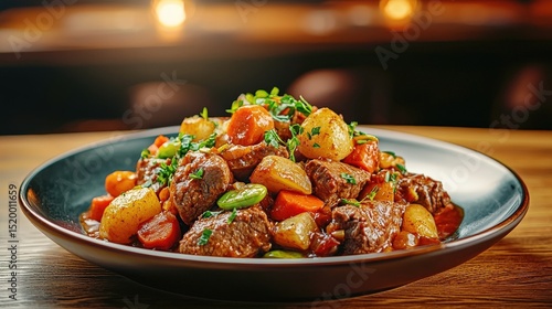 Boeuf bourguignon Delicious dish served in a black bowl with vibrant ingredients.