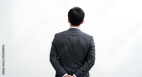 A man in a formal suit stands with his back to the viewer against a plain white background his hands clasped behind him a study in understated professionalism and anticipation.