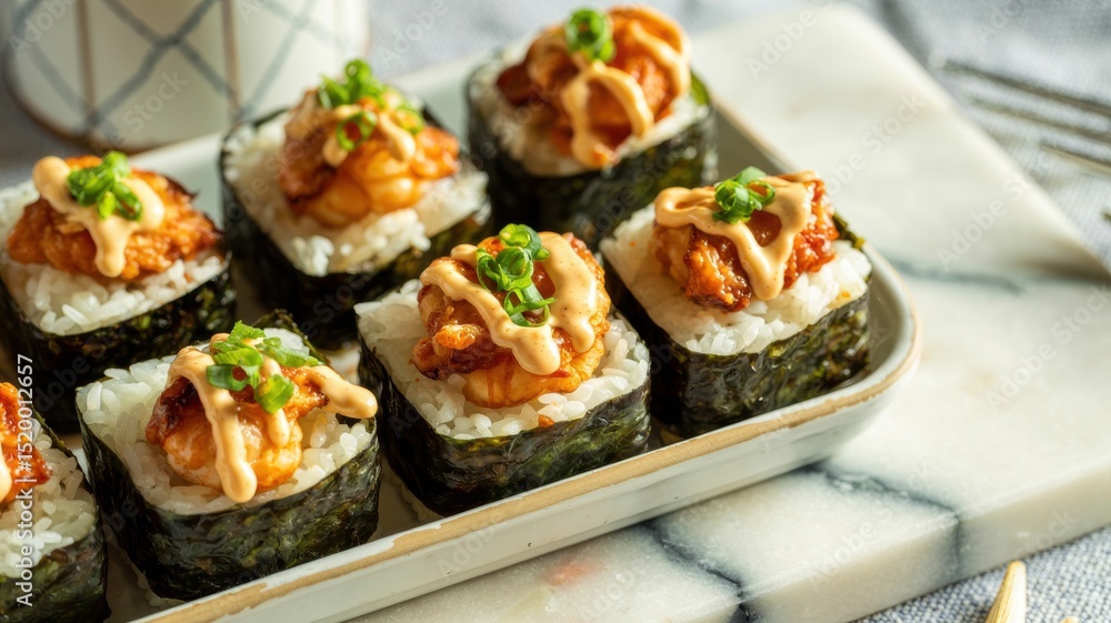 Nori seaweed cups filled with seasoned rice and crispy shrimp, covered with spicy mayonnaise glaze and garnished with chopped green onions. Nori seaweed cups filled with seasoned rice and crispy shrimp, covered with spicy mayonnaise glaze and garnished with chopped green onions.
