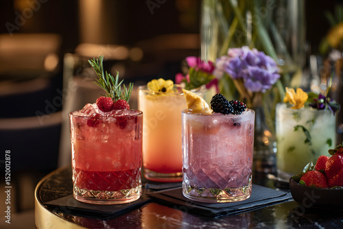 Exquisite Alcohol-Free Cocktails with Stylish Garnish in a Chic Setting