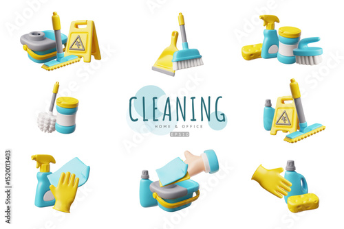 3D set of home and office cleaning tools, vector realistic collection of cleaning accessories and housekeeping equipment