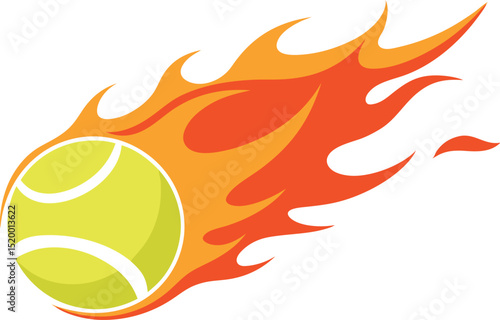 tennis ball flying in flames isolated on white bac .eps