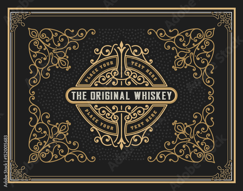Retro luxury whisky label vector illustration, creative logo pattern background border, trendy sticker materials