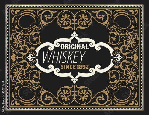 Retro luxury whisky label vector illustration, creative logo pattern background border, trendy sticker materials