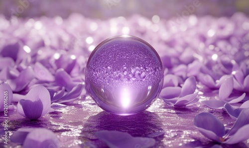 Glass sphere reflecting purple petals, serene scene, meditation, spiritual