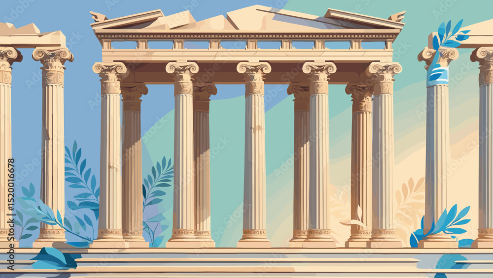 Fototapeta premium Ancient Greek columns with decorative details and leaves in a classical architectural style