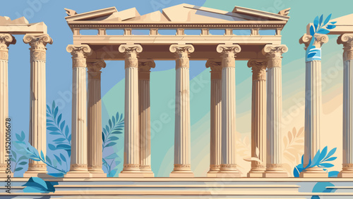 Ancient Greek columns with decorative details and leaves in a classical architectural style