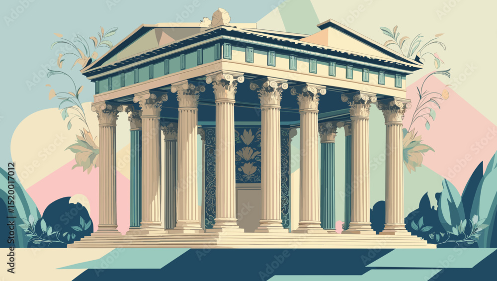 Fototapeta premium Classical temple structure with columns and decorative plants in a modern artistic style