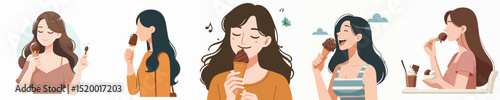 vector of a woman eating chocolate ice cream