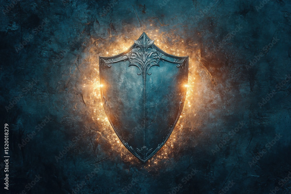 Fototapeta premium Enchanted Glowing Shield Against Stone Wall
