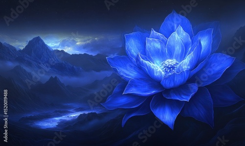 Glowing blue lotus flower atop misty mountains at night; fantasy art