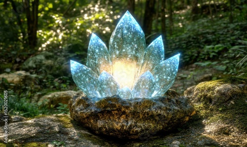 Glowing crystal flower in forest; fantasy, nature, magic, game asset