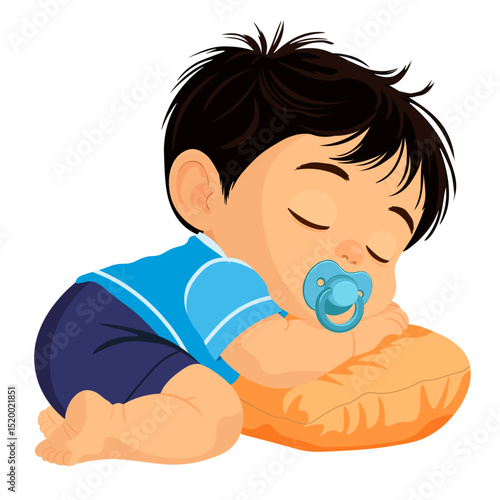 baby with pacifier in shorts sleeping on pillow vector