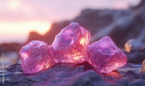 Glowing crystals sunset beach rocks fantasy