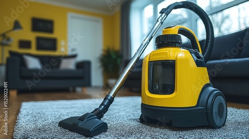 Yellow vacuum cleaner on gray carpet in living room