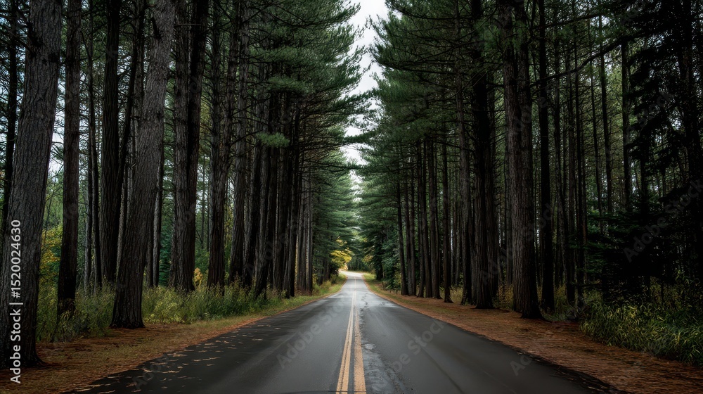 Obraz premium Road Disappearing into the Distance Among Tall Pines
