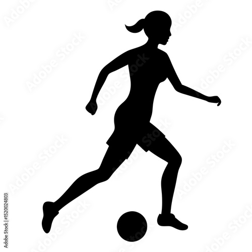Silhouette of a female soccer player dribbling a ball isolated on white background