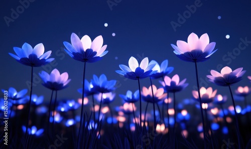 Glowing flowers at night, fantasy field, digital art, website background