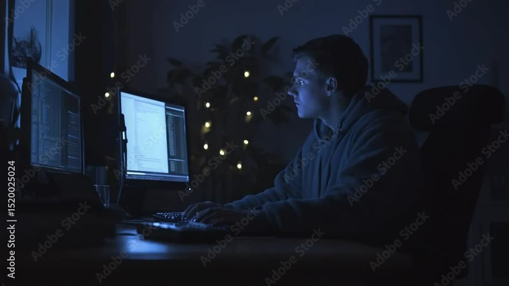 Night Coding Session: Focused Programmer Working on Multiple Screens in Dark Room Night Coding Session: Focused Programmer Working on Multiple Screens in Dark Room
