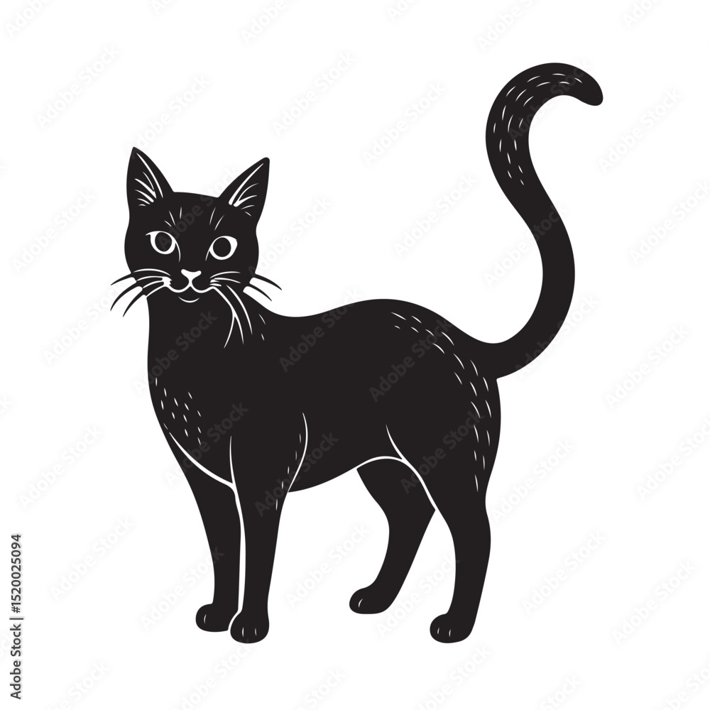 Elegant Black Cat Standing with Curved Tail and Alert Eyes Elegant Black Cat Standing with Curved Tail and Alert Eyes