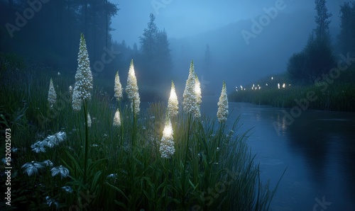 Glowing flowers by tranquil river at dusk, misty forest background; fantasy, nature scene
