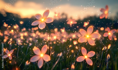 Glowing flowers sunset field fantasy nature wallpaper