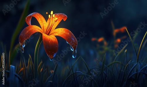 Glowing Lily, Night Garden, Dew Drops, Fantasy, Wallpaper