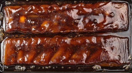 Cross-sectional view of glazed duck in a roasting tray with bubbling juices and oil