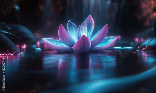 Glowing lotus flower in dark, mystical pond, waterfall background; spiritual, fantasy art