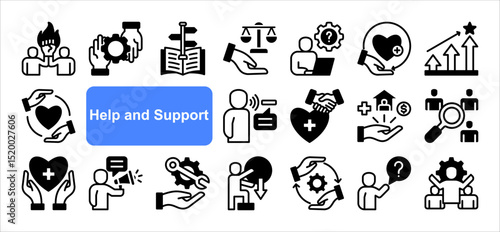 Help and support icon collection set. Containing assistance, service, aid, desk, guidance, relief, backing icon. Simple flat vector.