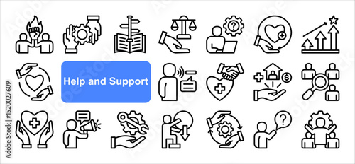 Help and support icon collection set. Containing assistance, service, aid, desk, guidance, relief, backing icon. Simple line vector.